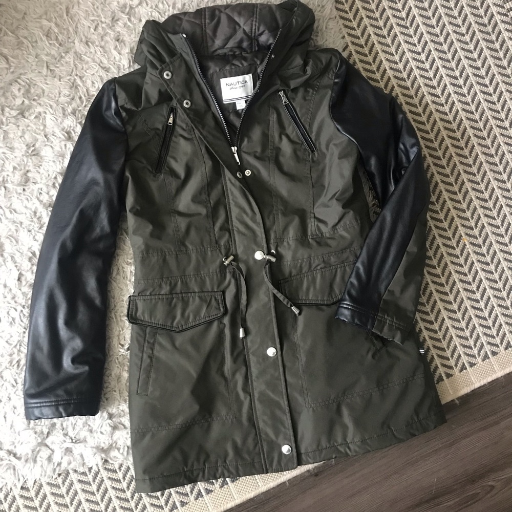 Nautica Army Green & Leather Hooded Coat Gem